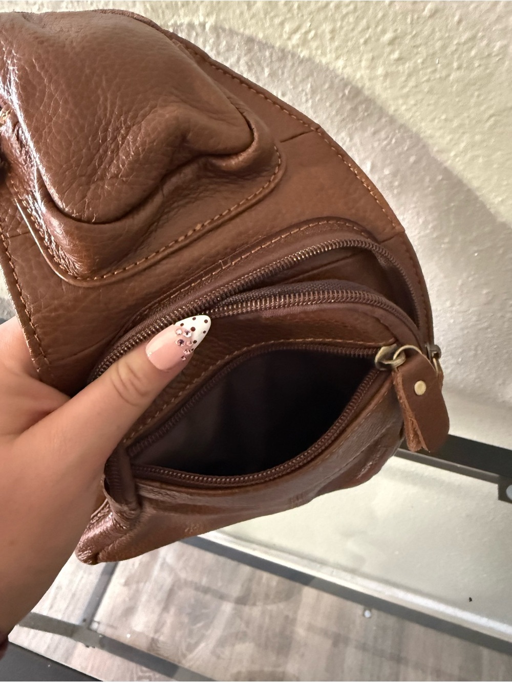 Brown Pebbled Leather-Look Sling Bag Multi Pocket Crossbody Backpack - Picture 6 of 7